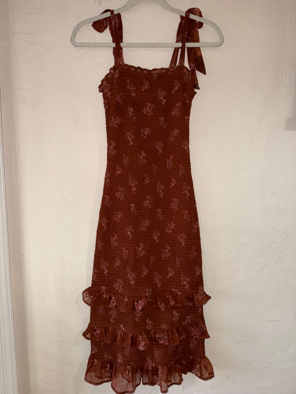 Abercrombie & Fitch Tie-Strap Smocked Midi Dress floral print tiered ruffle hem